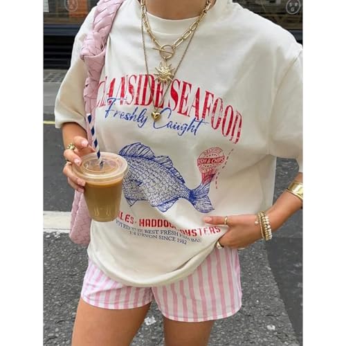 Women Vintage Oceanside Seafood Graphic Letter Print Aesthetics Short Sleeves Oversized Tee T-Shirt2