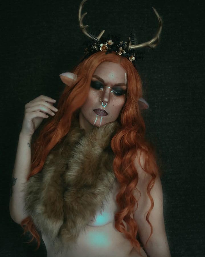 Miniatura 4 de MOSTORY Diadema hecha a mano con flores de cuerno, diadema de cuerno de ciervo con mariposa dorada para mujeres y niñas, renacentista, Halloween,