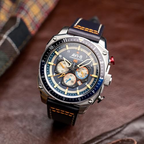 Image of AVI-8 Men's 43mm Hawker Hunter Atlas Dual Time Chronograph Watch with Leather Strap AV-4100
