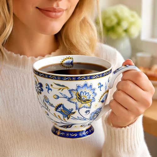 Taza de porcelana ósea floral 16 oz azul miniatura 7