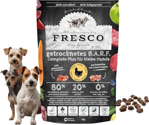 FRESCO Dog Trockenbarf Complete Plus Huhn | 1 kg | Trockenbarf für Kleine Hunde | Aus reinem Muskelfleisch, Innereien und Calcium-Knochen vom Huhn sowie Obst, Gemüse und Öl