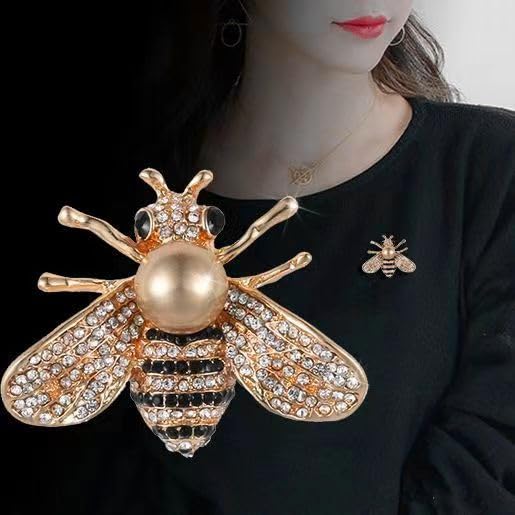 Image of Set of 12 Gold Crystal Insect Bee Brooches with Faux Pearl,Gift for Women, Birthday, Dating, Party, Anniversary