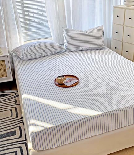 Drap-housse bleu rayé 90x200 polyester résistant décoloration - 8