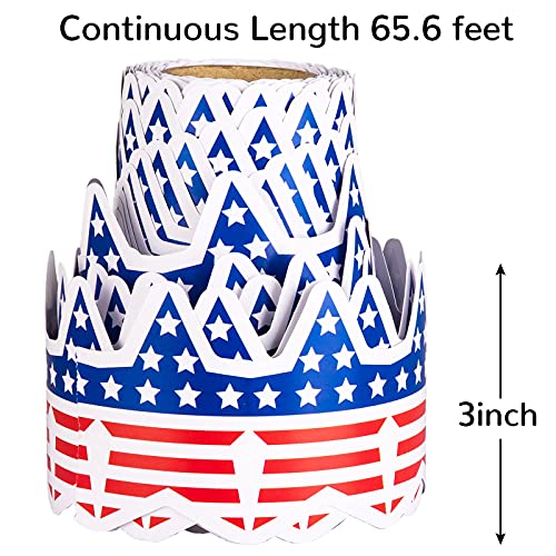Image of Whaline 65.6Ft 4th of July Bulletin Board Border Patriotic American Flag Trim Border Non-Stick Star Shape Paper Roll for Independence Day 250th Anniversary Classroom Chalkboard Decoration