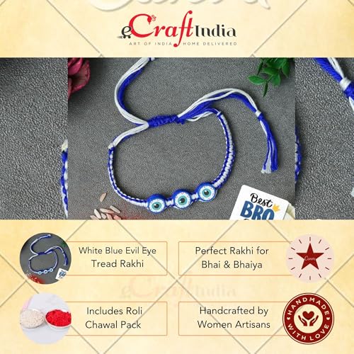 Image of eCraftIndia White Blue Evil Eye Rakhi Set of 2 | Rakhi for Brother Bhaiya Bhai with Best Bro Ever Fridge Magnet | Roli Chawal Pack