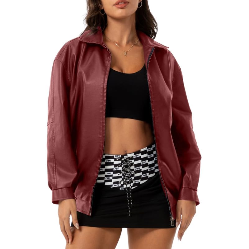 Women’s Oversized Loose Leather Jacket Long Sleeve Lapel Coat for Spring and Autumn-picture-40