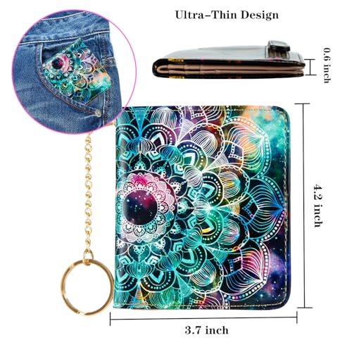 Wallet Women Small Cute,Slim Bifold Credit Card Holder, Compact RFID Blocking Cash Wallet,Billfolds Thin Leather Zipper Pocket,Mini Wallet for Ladies Teen Girls Travel (Mandala in the Galaxy)3