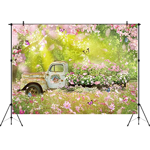 Aperturee 7X5Ft Spring Scenery Photography Backdrop Nature Green Forest Tree Grass Sunshine Flower Butterfly Truck Background Birthday Baby Shower Landscape Photo Shoot Studio Booth Props Banner Prop #TOP1