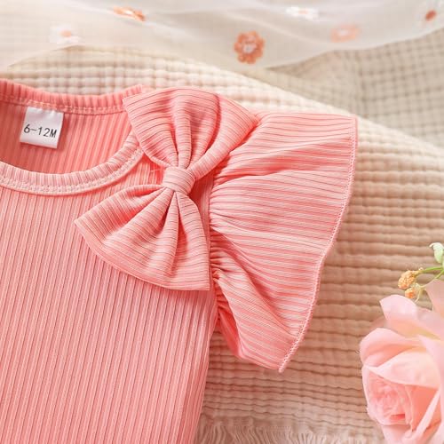 Image of Azmxynol Toddler Girls Clothes Cap Sleeve T-Shirt + Bowknot Print 2pcs Summer Shorts Outfit Set For Girls, Size 4-8 Years