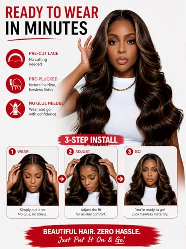 Image of Beauty Forever Bye Bye Slip Glueless Human Hair Wig for Black Women-Body Wave HD Lace Wig with Golden Brown Highlights,Pre Cut & Pre Plucked,Invisi Drawstring Secure Fit,7x5 Lace,150% Density 18inch