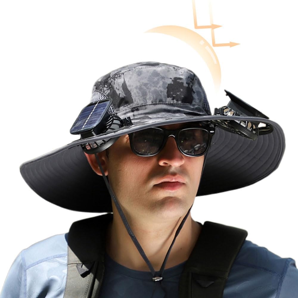 Solar Powered Fan Hat for Men Women, 2025 New Breathable Wide Brim Solar Fan Hat Outdoor Fishing, Hiking, Beach