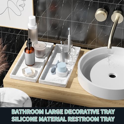 Image of BBK Bathroom Vanity Tray 11.8 in- 2 Pack(Large) Silicone Bathroom Tray for Counter, Perfume Key Trinket Ring Tray, Decor Soap Dispenser Countertop Tray for Kitchen Sink Organization(Faux Marble Look)