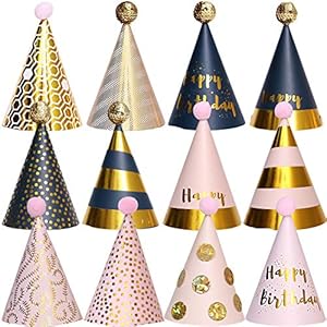 BESTZY 12 STKS Party Hat Decoraties Cake Kegel Hoeden Verjaardag Papier Hoeden met Pom Poms voor Kids Volwassenen…
