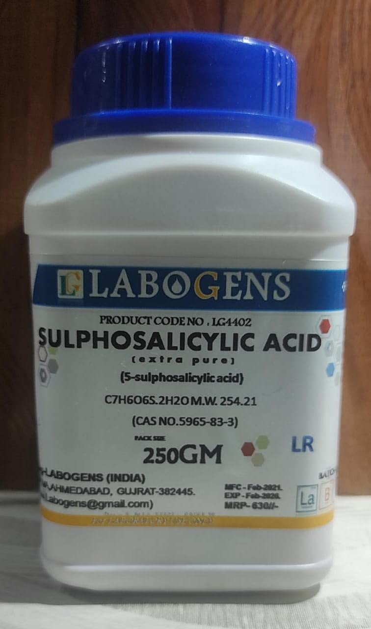 SULPHOSALICYLIC ACID (EXTRA PURE) 250GM Assay : Min. 99% C7H6O6S.2H2O M.W. 254.21 (CAS NO.5965-83-3)