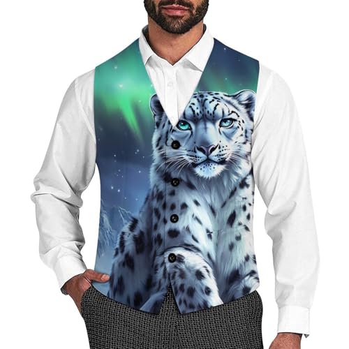 Snow Leopard Aurora Borealis Men's Formal Suit Vest for Business Formal Or Casual Dress Waistcoat Wedding