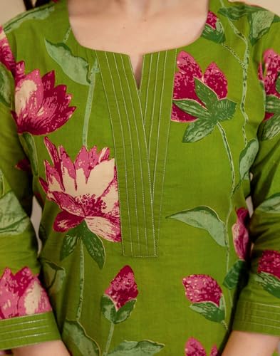 Image of SKYLEE Women's Cotton Printed Straight Kurta with Pant & Dupatta