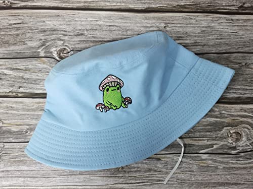 Frog With Mushroom Hat Cottagecore Embroidered Bucket Hats, Light Blue Summer Travel Unisex Embroidery Beach Sun Hat Outdoor Fisherman Cap #TOP6