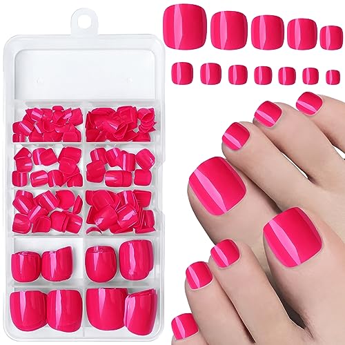 LuckForever Short Press on Toenails 240pc Glossy Neon Pink Press on Toenails Short Square Fake Toe nails Full Cover 10 Nail Adhesive Tabs,Small Wooden Sticks & Nail Files False Toenails for Women