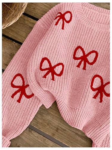 Image of BEAUDRM Girl's Cute Bow Sweater Crew Neck Long Sleeve Drop Shoulder Loose Pullover Tops