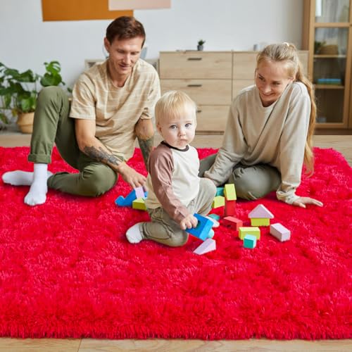 KING DARE 6x9 Area Rugs for Living Room Red Rug, Fluffy Shaggy Fuzzy Plush Furry Large Floor Carpet, Anti-Slip Washable Modern Soft Rug for Bedroom Girls Boys Room Indoor
