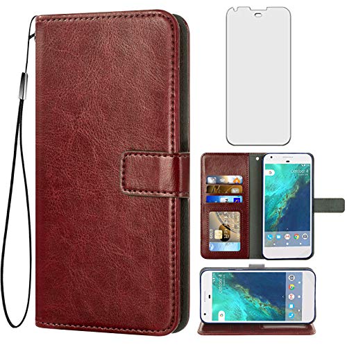 Étui rabat Google Pixel 1 Asuwish marron anti-rayure avec film en verre trempé