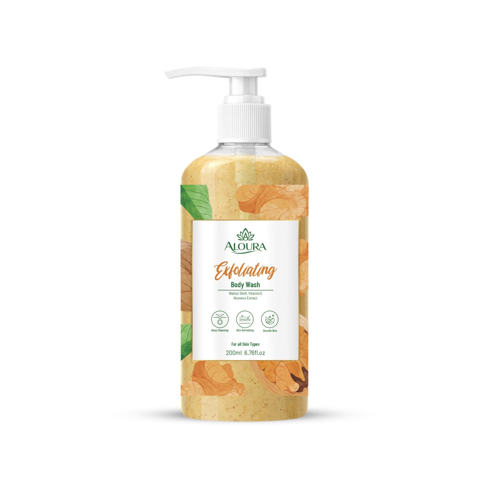 exfoliating body wash with walnut shell, vitamin e & aloe vera extract | gentle body scrub for deep cleansing & smooth skin | removes dead skin cells | for all skin types | 200ml