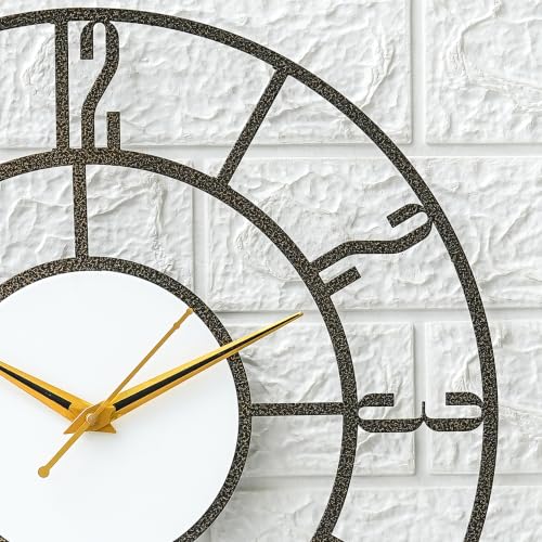 Image of Modern Mid-Century Metal Wall Clock with Large Number Cut-Out Design, Silent Sweep Movement, Golden & Black Hands, Antique Gold Texture, Powder-Coated Frame for Living Room, Bedroom & Office 15 Inch