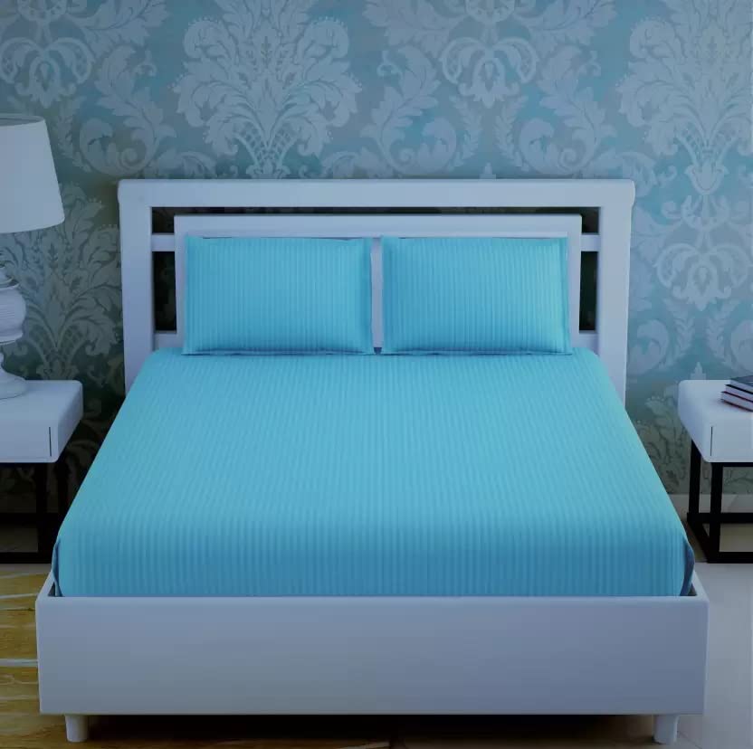 Solid Stripes King Size Elastic Fitted Bedsheet with 2 Pillow Covers (Size- 108 * 108 inches) Fits Upto 12 inch Mattress (Aqua) (B0BWW7H28P) Amazon Price History, Amazon Price Tracker