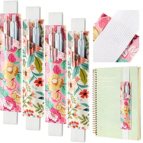 Crtiin 4 Pieces Adjustable Elastic Band Pen Holder PU Leather Pen Sleeve Pouch Pencil Holder for Planners Journals Notebooks Back to School Gift(Floral)