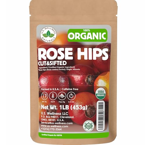 US Wellness Naturals Organic Rose Hips Tea, 1 lb Bulk Loose Leaf — Dried Rosa Canina, Vitamin C-Rich, Caffeine-Free
