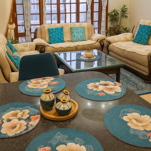 Image of Jute Cotton Round Table Mats Set of 6 - Dining Table mat 6 Pieces Waterproof, Elegant and Durable for Dining Table (Blue Lilly)