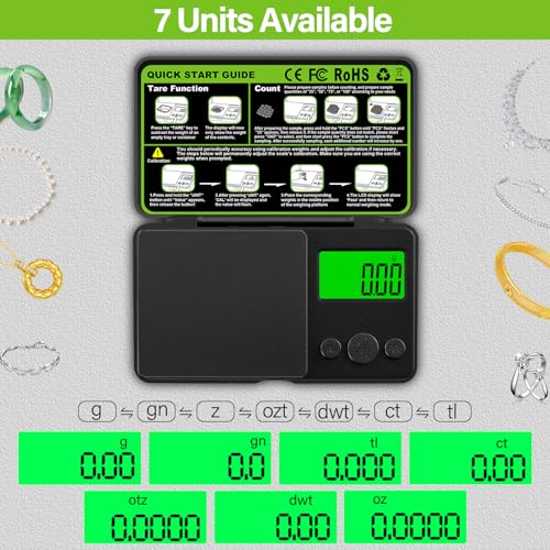 Taschenwaage, 1000 x 0.01g Digitale Taschenwaage, 7 Einheiten Präzisions Mini Küchenwaage, kleine Digitalwaage Feinwaage Goldwaage Münzwaage, Multifunktion für Schmuck, Küche, Kräuter, Tee, Kaffee