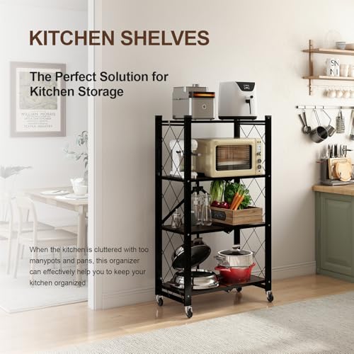 Image of 4 Tier Folding Shelf with Wheels, Wood and Metal Bookshelf