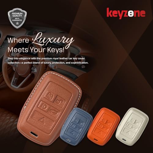 Image of Keyzone Royal Leather Key Cover for XF XJ XE F-PACE F-Type Evoque Velar Discovery LR4 Sport 5 Button smart Key (Sunburst Orange)