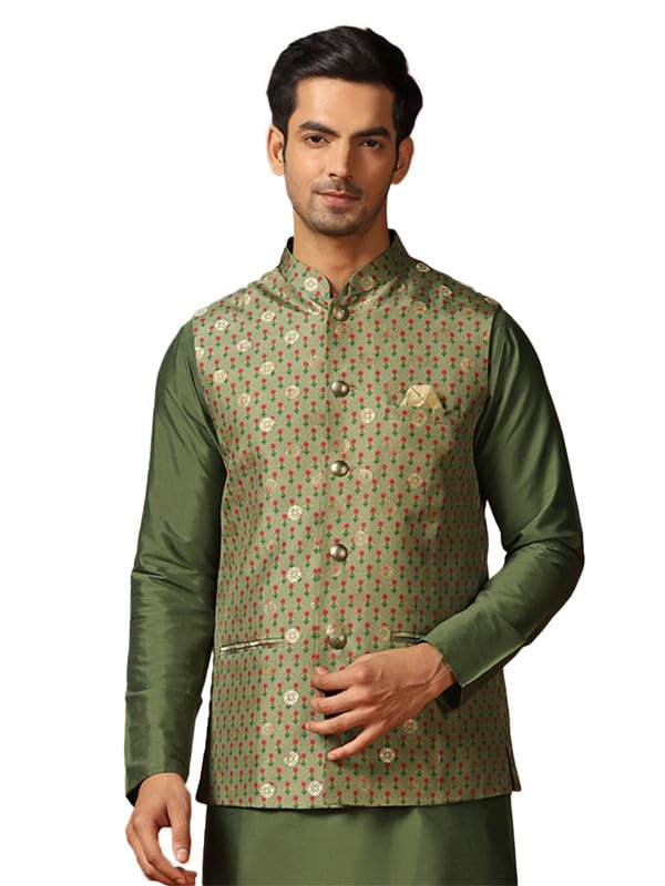 kisah Men's Nehru Jacket, Green Jacquard, Ethnic Motif Regular Fit Mandarin Collar Sleeveless-picture-21
