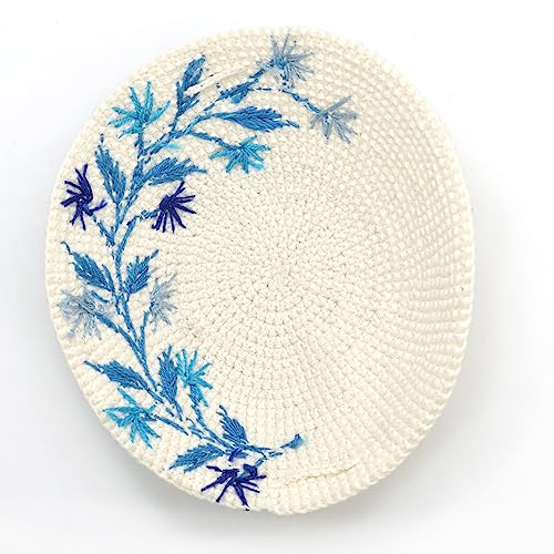 Cream & Turquoise Blue Flowers Crochet & Embroidered Womans Kippah - Ladies Floral Yarmulke3