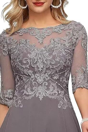 3/4 Chiffon Mother of The Bride Dresses with Pockets Lace Applique Tea Length Chiffon Formal Dresses2