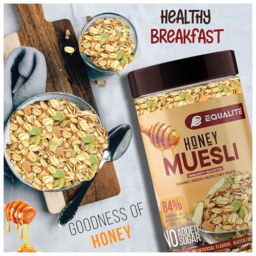 Image of Equalite Honey Muesli I Dry fruits I Muesli I Fruit and Nuts I No added sugar I Granola I High protein I Breakfast I Healthy food I Protein food I Gluten Free |No preservatives | High fiber | Omega-3 | High Minerals & Vitamins |Weight loss food I Equalite foods | (1050g, Combo Honey (Pack of 3))