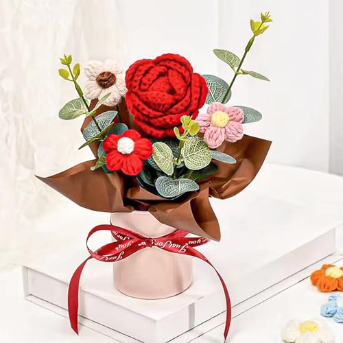 Image of Nostrae by Ekhasa Red Rose Crochet Flowers Bouquet (Small Size) | Knitted Flowers For Gifting | Woolen Bouquet Perfect For Crochet Gifts | Handmade Bouquets Gift