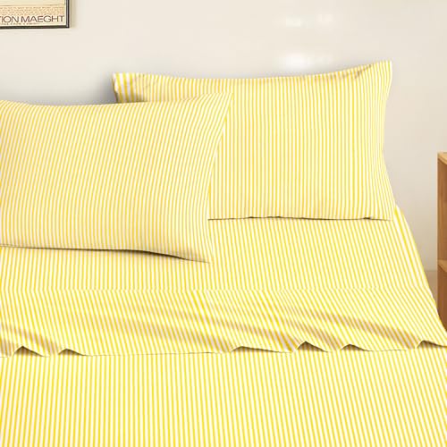 Image of Wake In Cloud - Striped Bed Sheets, 4-Piece Sheet Set, Ticking Vertical Pin Stripe Modern Farmhouse Pattern Printed Bedding, Deep Pocket, Yellow, Full Size