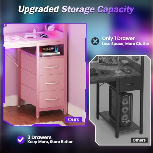 Image of YOUDENOVA 40 Inch Gaming Computer Desk with Led Lights, Small Desk with Storage Shelves and Drawers, Reversible Compact Gamer Table for Home Office, Carbon Fiber Pink