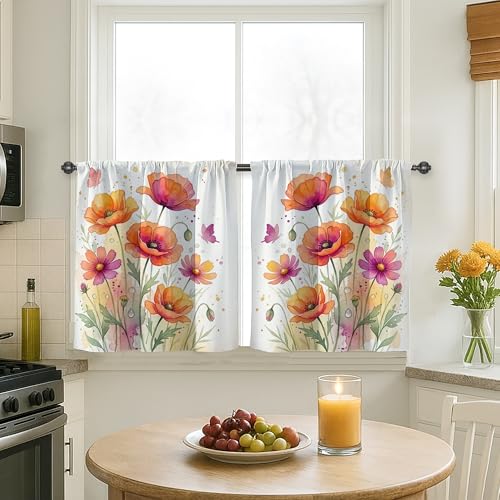 Rideaux de cuisine coquelicot, aquarelle, chrysanthème, papillon, printemps, orange pour petites fenêtres pour petite fenêtre d'évier de camping-car,...