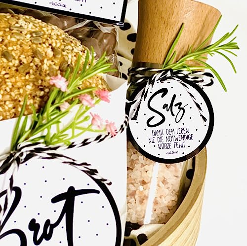 Brot Salz Wein Aufkleber zum Einzug | Einzugsgeschenke Wohnung Haus | Einweihungsgeschenk Geschenkkorb Etiketten | Traditionelles Geschenk neues Zuhause | Präsentkorb Umzug Richtfest Einweihungsparty