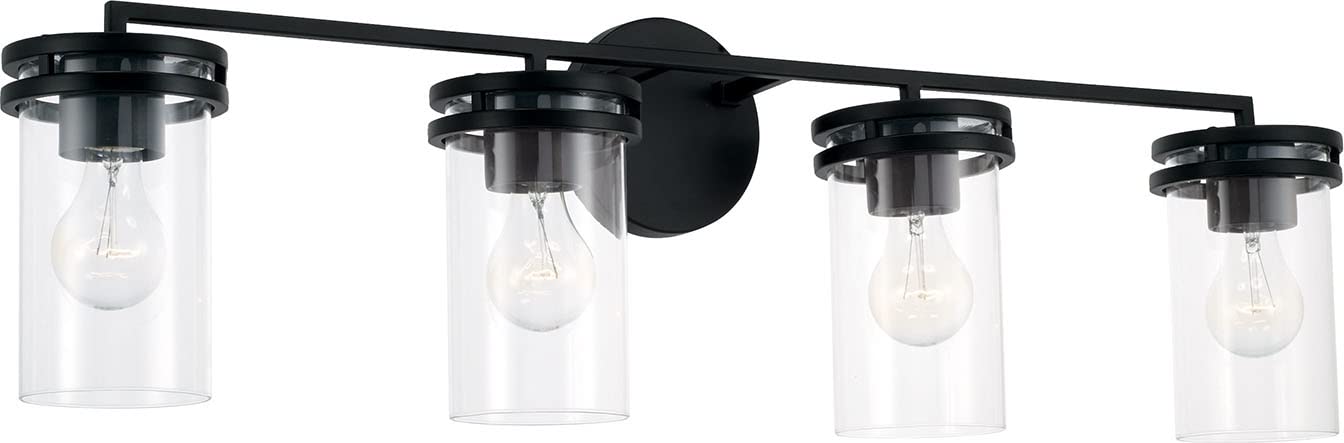 HomePlace Lighting 148741MB-539 Fuller Transitional Clear Glass Cylinder Vanity Light for Bathroom, 4-Light 400 Total Watts, 10" H x 34" W, Black