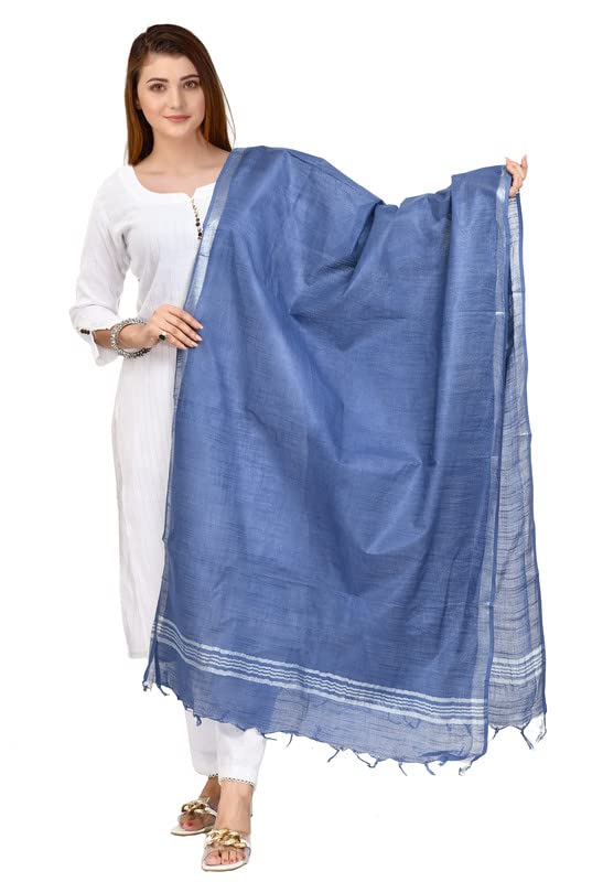 OmenSilks Women's Bhagalpuri Linen Cotton Blend Handloom Dupatta (Stole) with Silver Zari Border