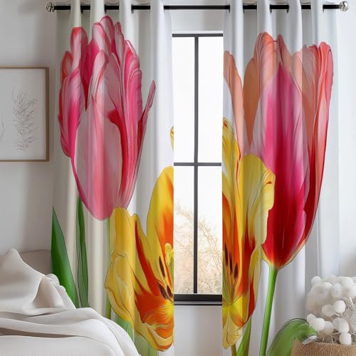 Genérico Blanco Cortinas Opacas Estilo Chino Floral para Dormitorio Hogar Salón, Térmico Cortina Acuarela Tulipán 2 Piezas contra El Frío con Ojales 75 An X 166 Al Cm