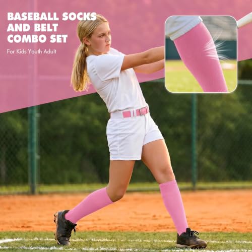 Image of WHIPPY Baseball Socks and Belt Combo Set Knee-High Softball Socks & Adjustable Elastic Belt for Kids Youth Adult