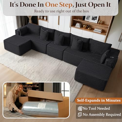 Image of 168 inch Cloud Sectional Couch, Comfort U Shaped Sofa for Living Room, Extra Deep Seats No Assembly, Minimalist Modular Couch, Corduroy (Black, 7 Seats,U-Shape A)