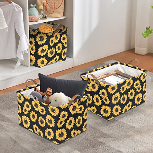 Image of Sunflowers Storage Bin Basket Collapsible with Leather Handles Waterproof Canvas Storage Cube Box for Closet Toys Clothes Nursery Room Gift Basket
