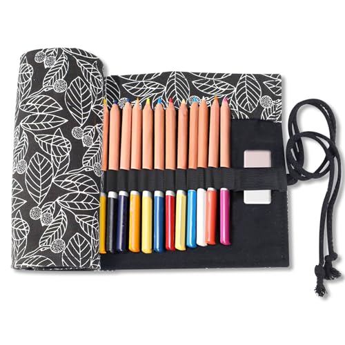 Image of Yitexin 72 Slots Canvas Pencil Roll Wrap, Handmade Roll-Up Pencil Case Pouch Fabric, Large Capacity Pencil Case Holder Organizer for Artists Painting, Sketchers (Black & Leaf)